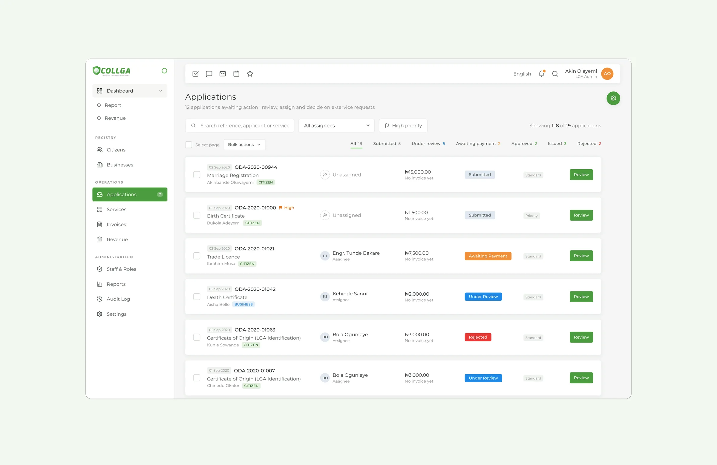 Applications queue with assignees, priority and status