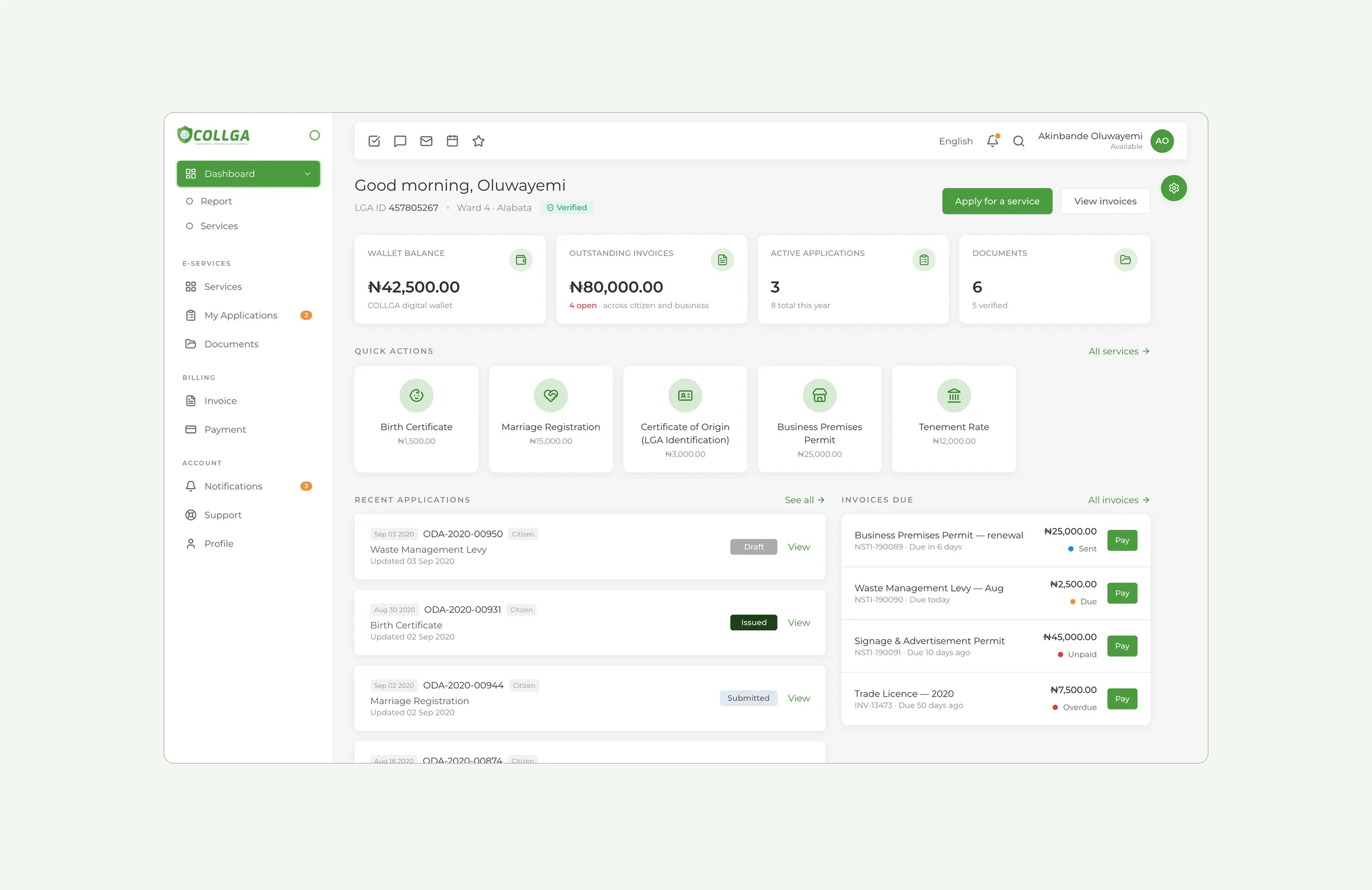 Dashboard: wallet, invoices due, active applications and quick actions