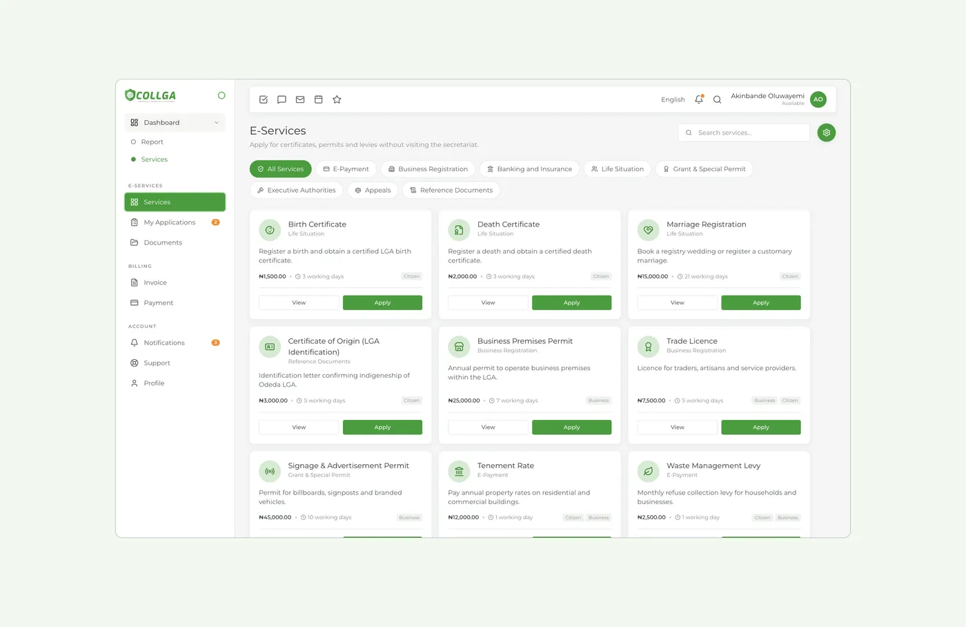 E-services inside the portal