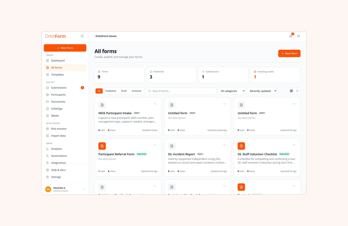 All forms: every form with its submissions, views and publish state