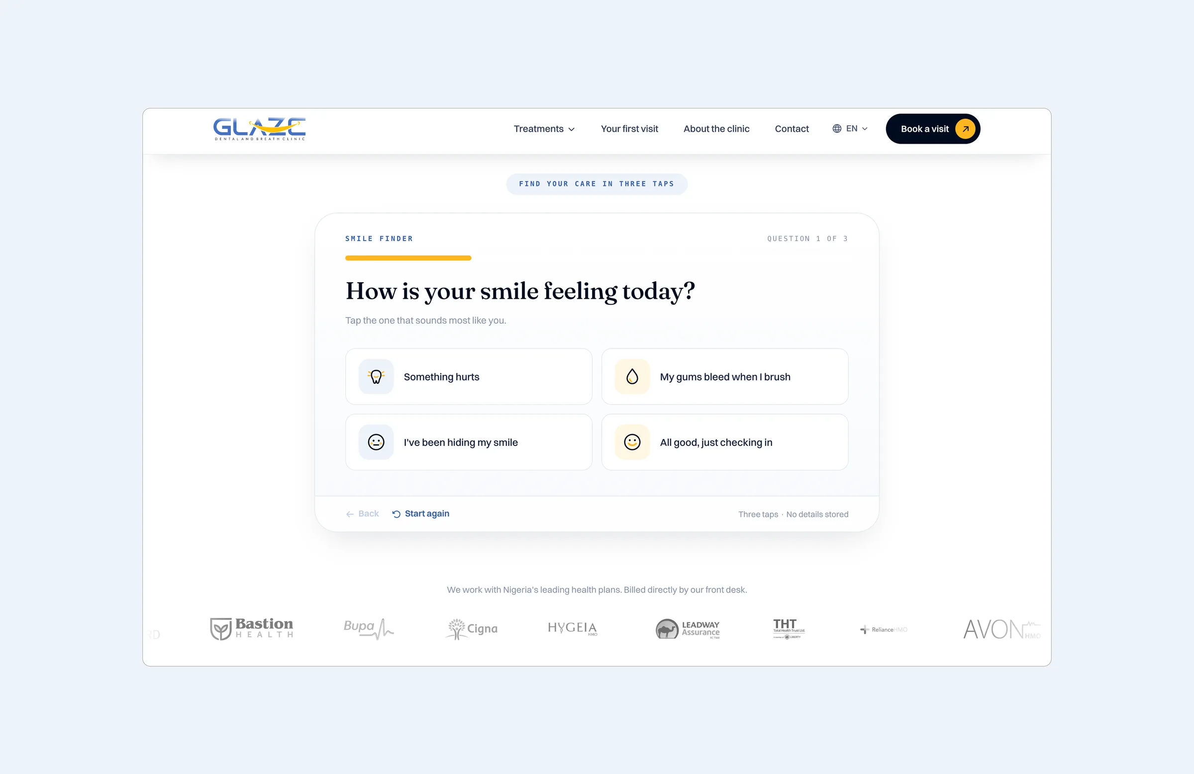 Smile finder: find the right care in three taps, with no details stored