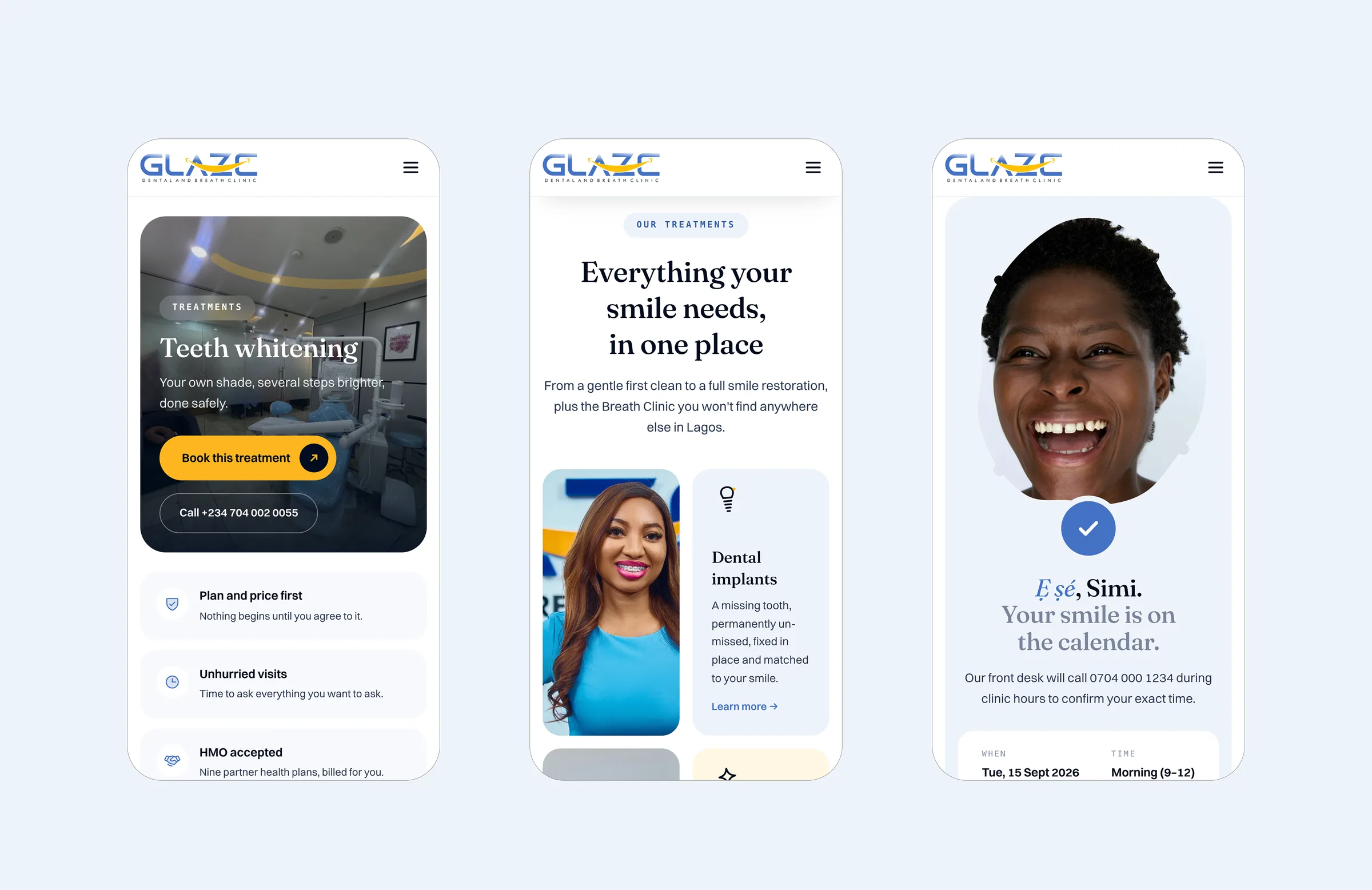 Mobile: a treatment page, the treatments list and the booking confirmation