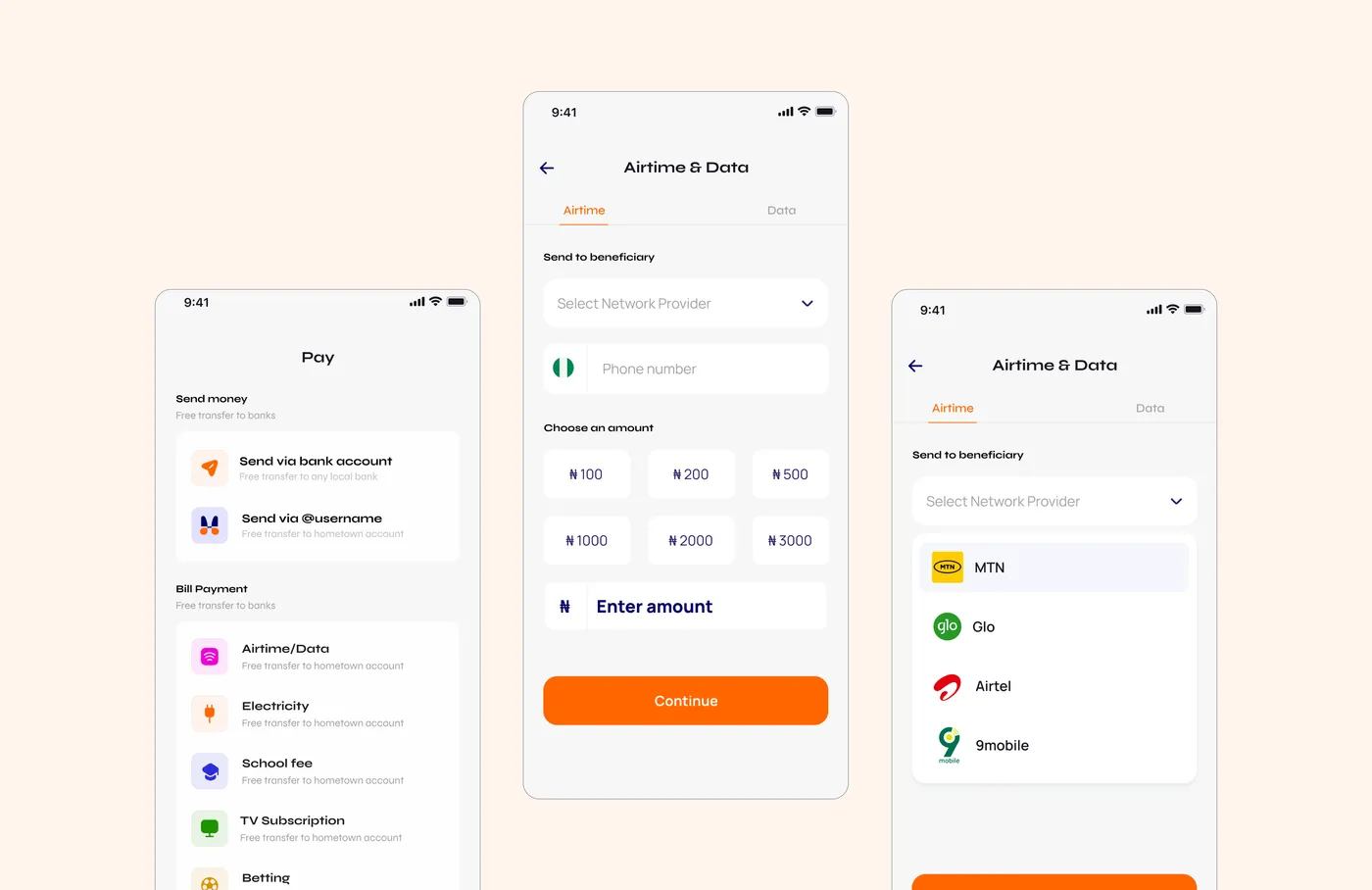 Pay: transfers and bill payments, then buying airtime and data