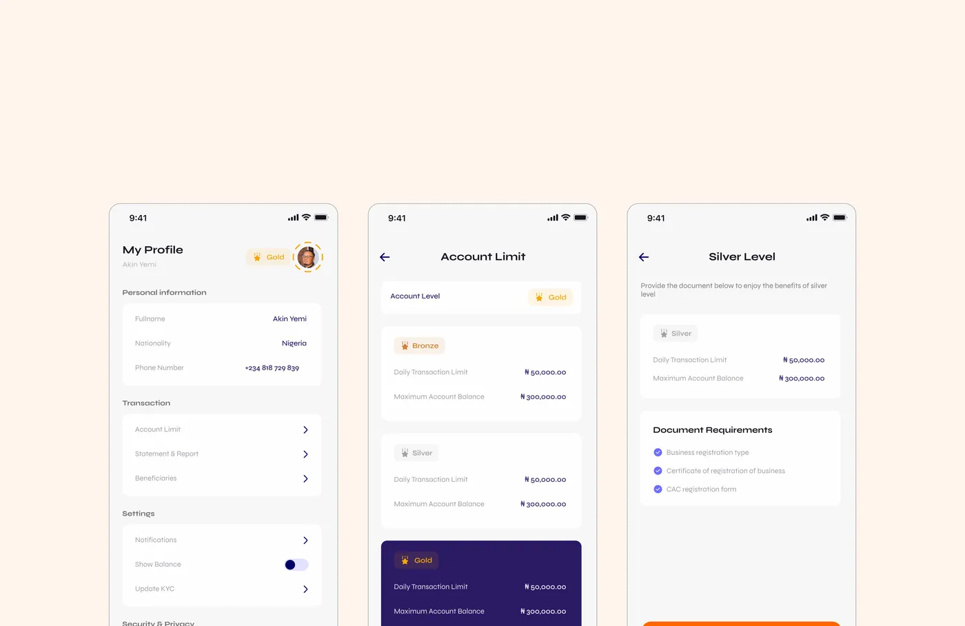 Profile, account limits by level, and the documents needed to move up a level