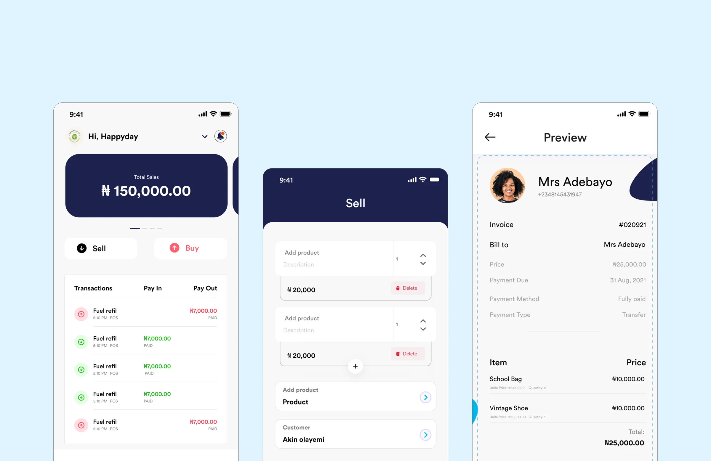 Selling: the home screen, a sale with products and a customer, and the invoice it produces