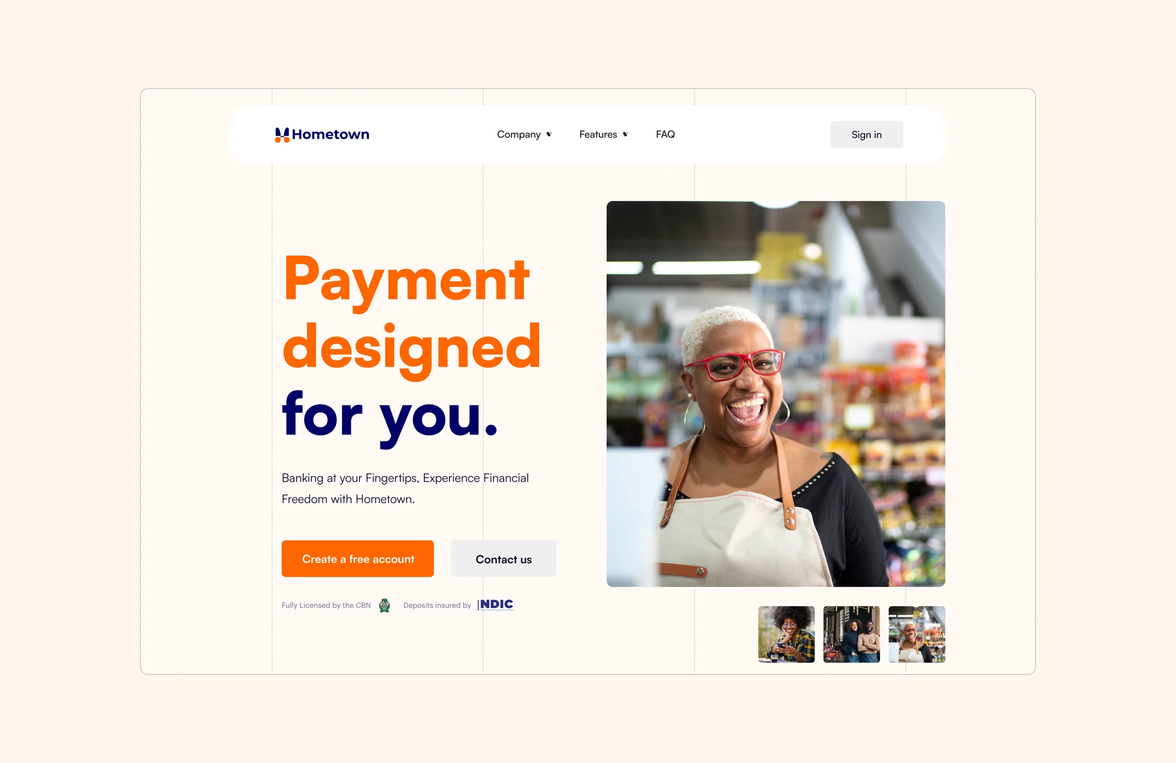 Landing page, first screen: Payment designed for you, with buttons to open an account or get in touch