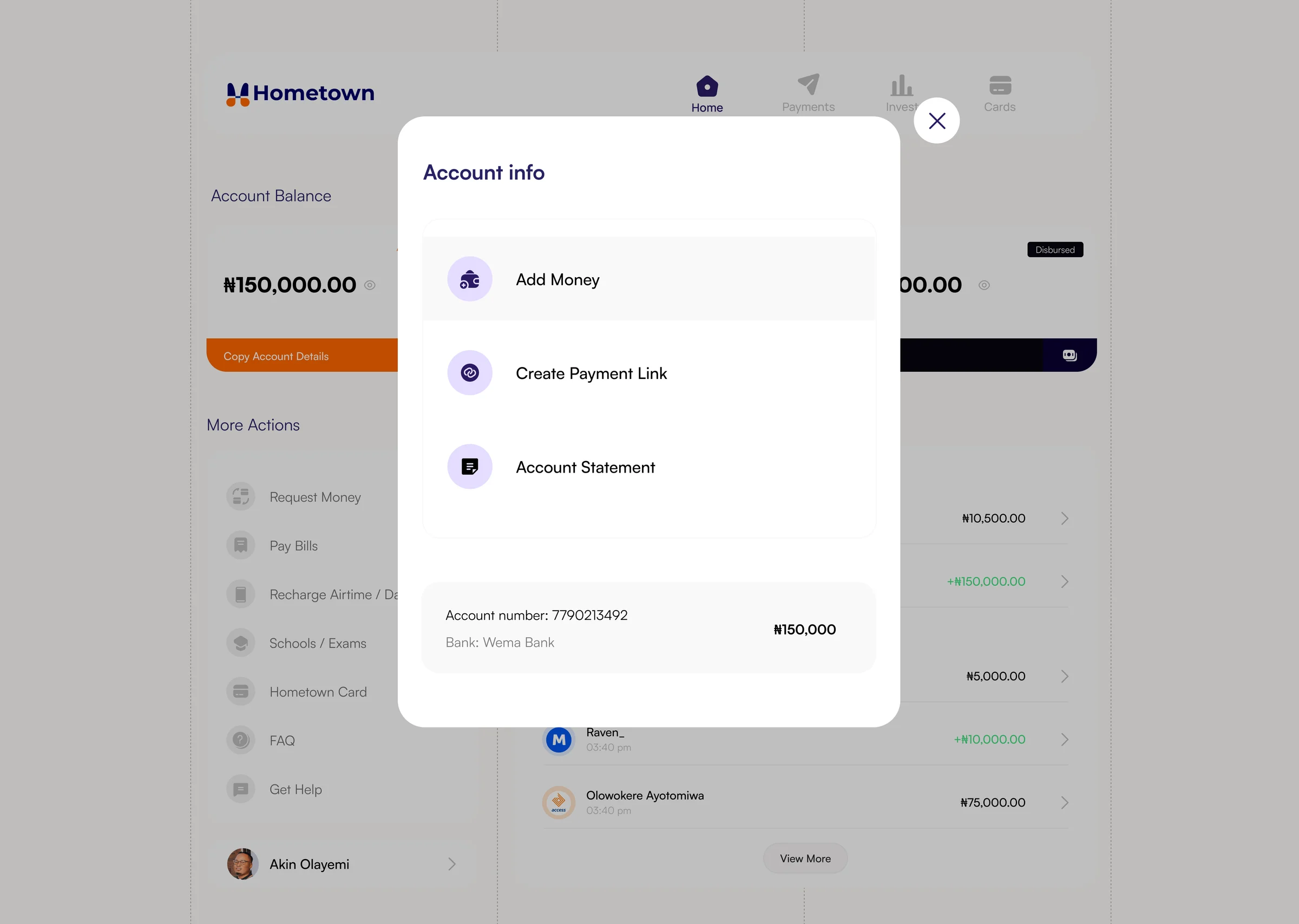 The account panel: add money, create a payment link, or download a statement